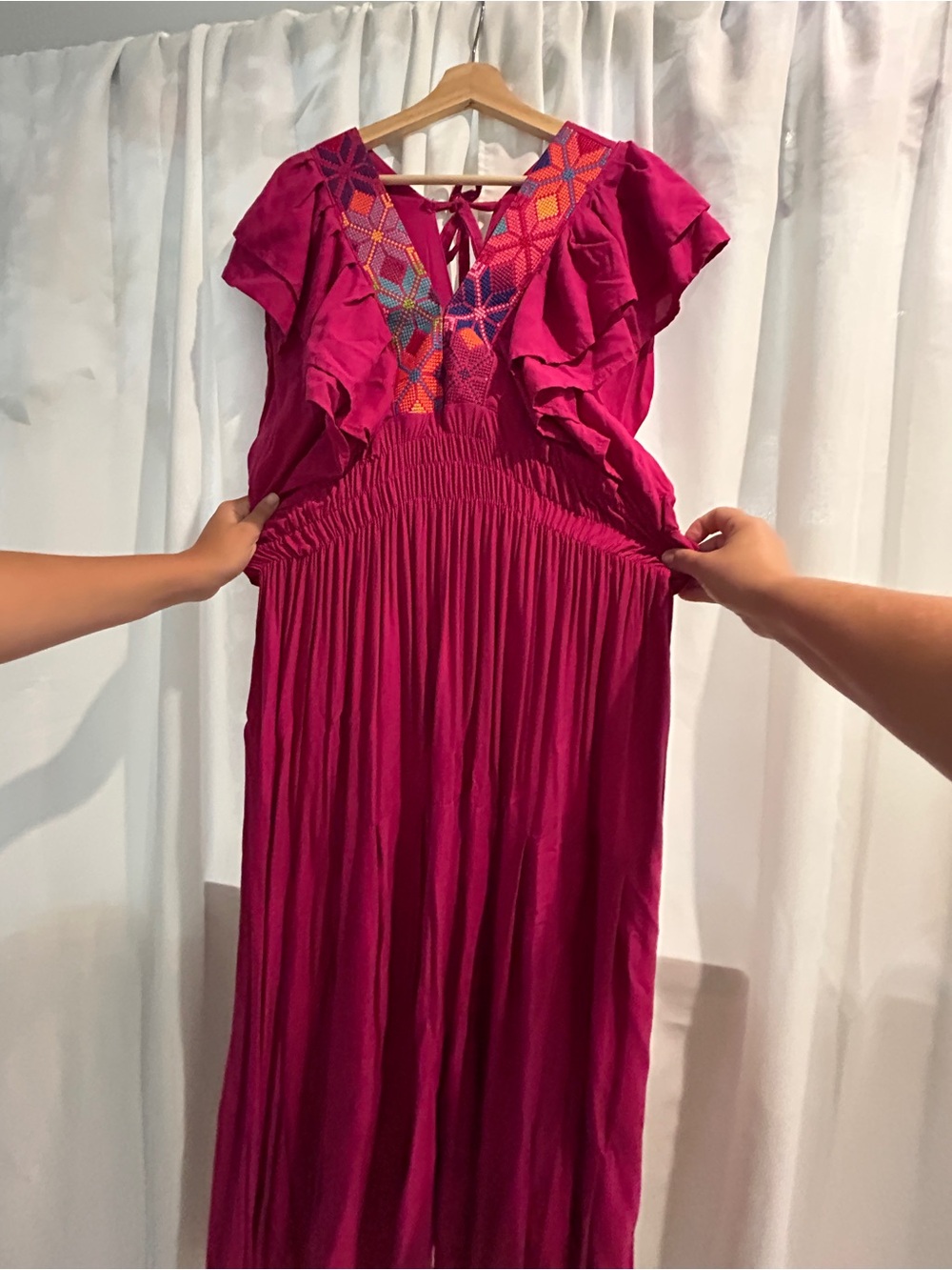 Magenta Embroidered V‑Neck Midi Dress